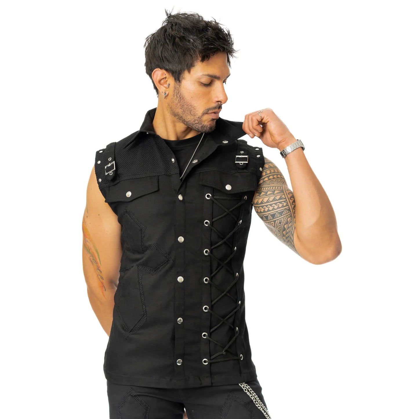 Schwarze Weste SANCTIFIED SINS VEST mit Schnürungen und aufgenähtem Kreuz von Poizen Industries