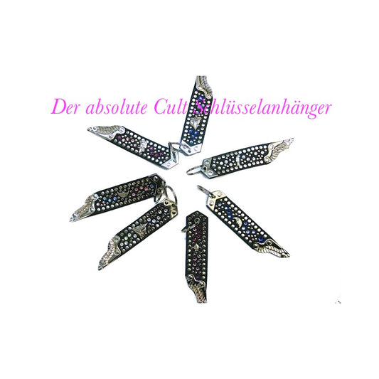 Handgefertigter Schlüsselanhänger Rosa/Blau aus Leder mit Flügelniete vom Strass-Depot