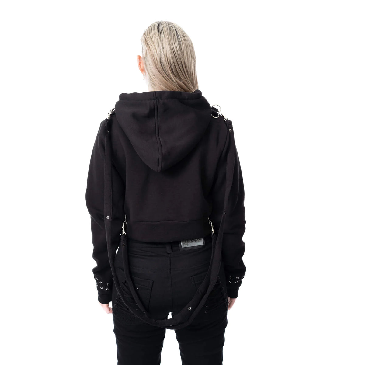 Schwarzer, bauchfreier Pullover SCORN CROPPED HOOD mit Riemen und Zierketten von Chemical Black