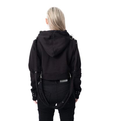Schwarzer, bauchfreier Pullover SCORN CROPPED HOOD mit Riemen und Zierketten von Chemical Black