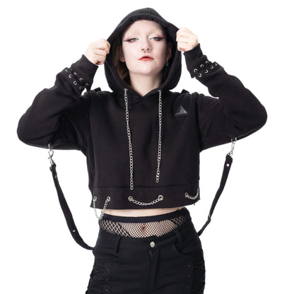 Schwarzer, bauchfreier Pullover SCORN CROPPED HOOD mit Riemen und Zierketten von Chemical Black