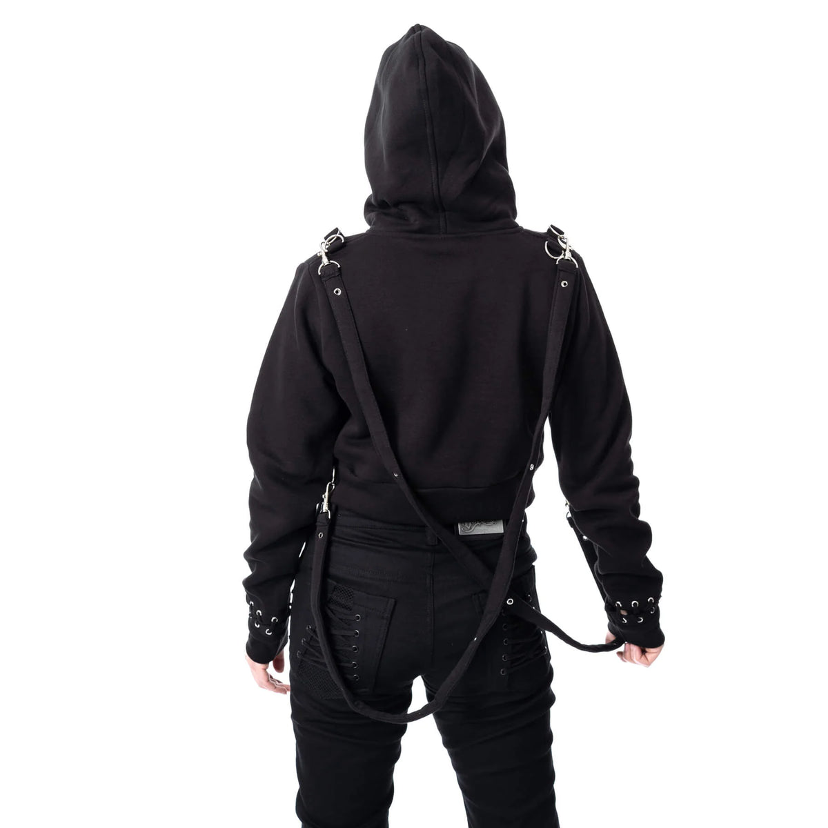 Schwarzer, bauchfreier Pullover SCORN CROPPED HOOD mit Riemen und Zierketten von Chemical Black