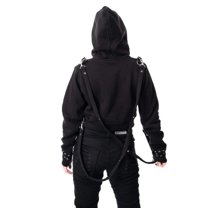 Schwarzer, bauchfreier Pullover SCORN CROPPED HOOD mit Riemen und Zierketten von Chemical Black