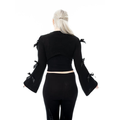 Schwarzes Oberteil SHADOWBELL BOLERO BLACK mit schwarzen Schleifen an den Ärmeln von Poizen Industries