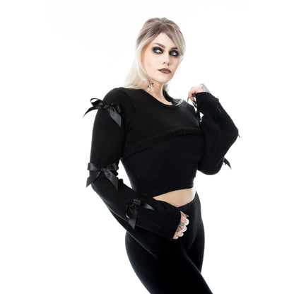 Schwarzes Oberteil SHADOWBELL BOLERO BLACK mit schwarzen Schleifen an den Ärmeln von Poizen Industries