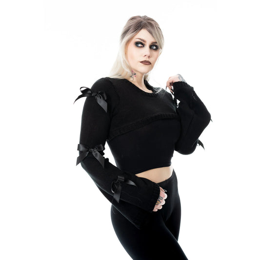 Schwarzes Oberteil SHADOWBELL BOLERO BLACK mit schwarzen Schleifen an den Ärmeln von Poizen Industries