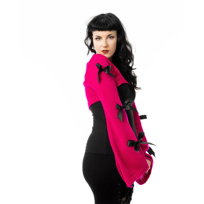 Pinkes Oberteil SHADOWBELL BOLERO PINK mit schwarzen Schleifen an den Ärmeln von Poizen Industries