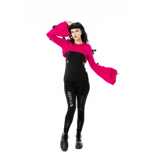 Pinkes Oberteil SHADOWBELL BOLERO PINK mit schwarzen Schleifen an den Ärmeln von Poizen Industries