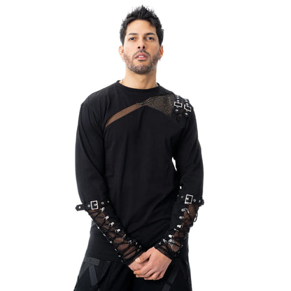 Schwarzes, langärmliges Shirt SILAS TOP mit Meshelementen und Zierschnürung von Chemical Black