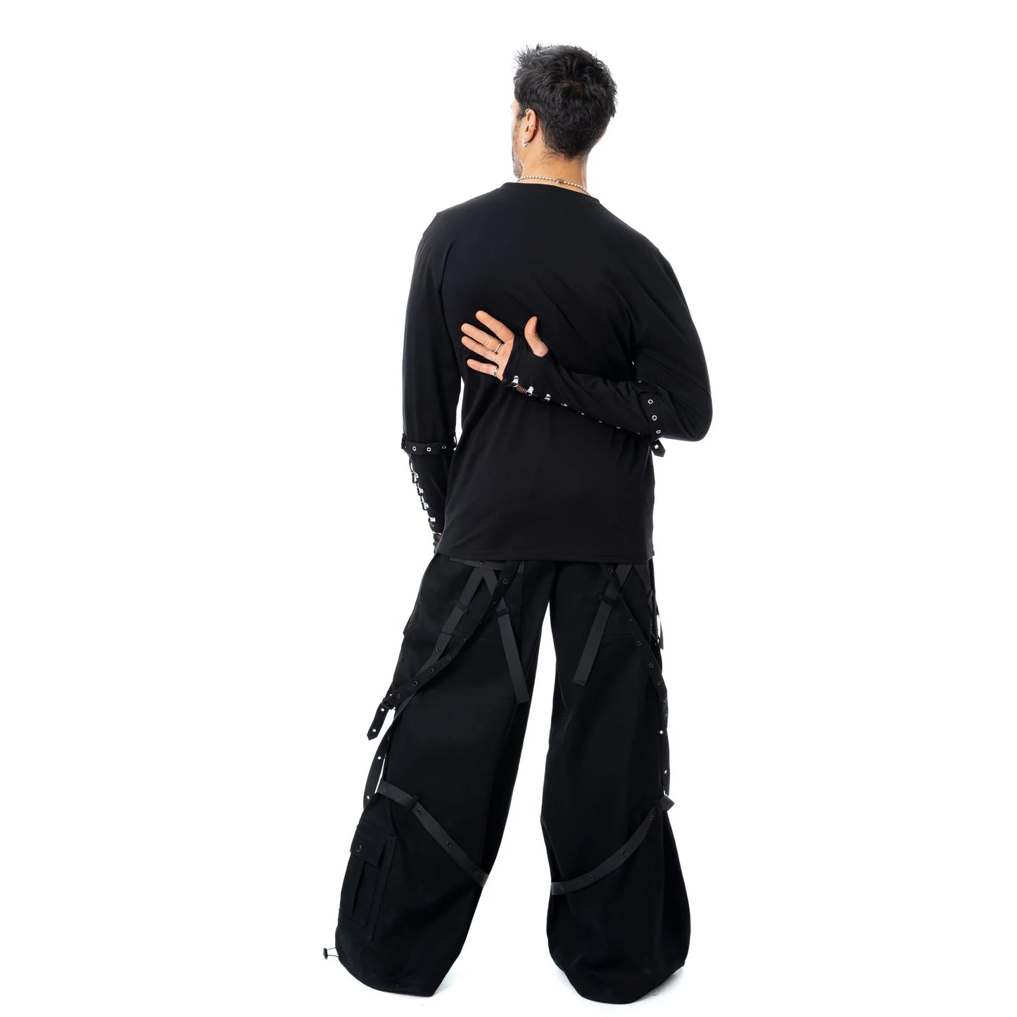 Schwarzes, langärmliges Shirt SILAS TOP mit Meshelementen und Zierschnürung von Chemical Black