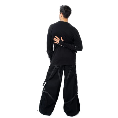 Schwarzes, langärmliges Shirt SILAS TOP mit Meshelementen und Zierschnürung von Chemical Black