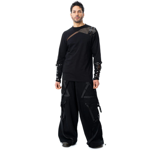 Schwarzes, langärmliges Shirt SILAS TOP mit Meshelementen und Zierschnürung von Chemical Black