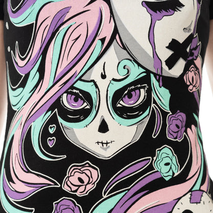 Schwarzes Oberteil SILENCE MASK T SHIRT mit pastelfarbenem Mädchenprint von Cupcake Cult