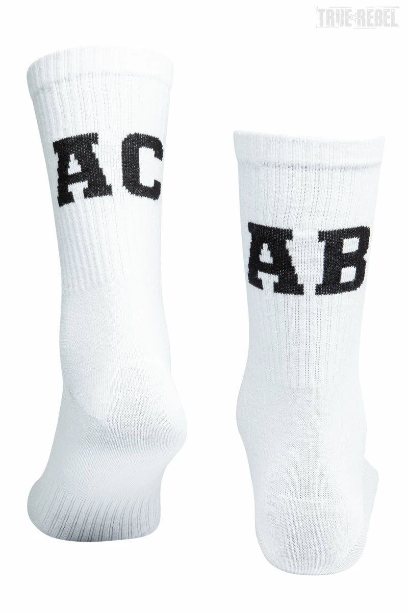 Rückseite weißer Socken mit ACAB-Aufschrift in White Black von Sixblox