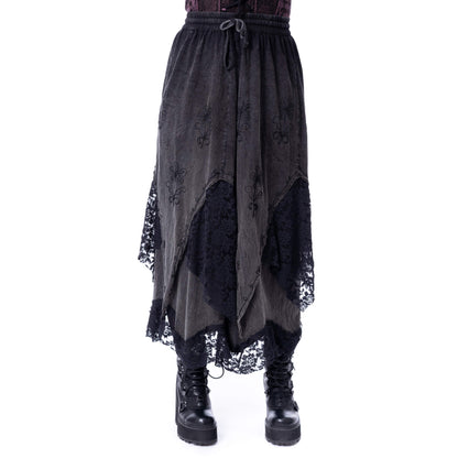 Schwarzer, langer, geschichteter Rock SOLEA SKIRT mit Stickelementen und Spitzenstoffeinsätzen von Innocent
