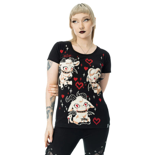 Schwarz-rotes Oberteil STARBLEAT T SHIRT mit Herzen- und Ziegenprint von Cupcake Cult