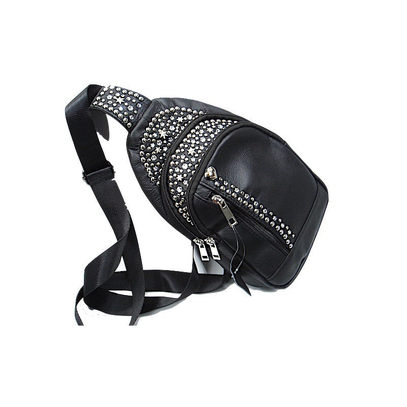 Schwarze Lederumhängetasche Crossbody Bag Paris Kristall vom Strass-Depot