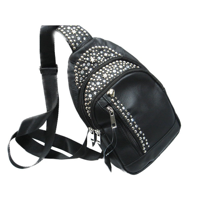 Schwarze Lederumhängetasche Crossbody Bag Paris Kristall vom Strass-Depot