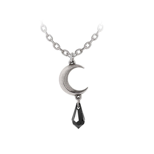 Tears of the Moon Black Kette Alchemy - ein Mondsichelanhänger mit schwarzem österreichischen Kristallentropfen.