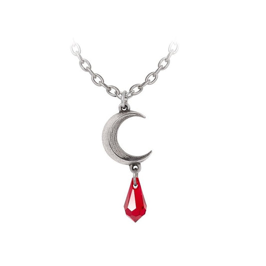 Tears of the Moon Red Kette Alchemy - ein Mondsichelanhänger mit rotem österreichischen Kristallentropfen.