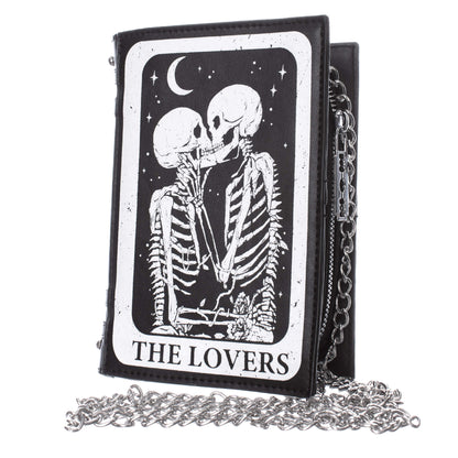 Schwarze, rechteckige Tasche THE LOVERS TAROT BAG mit Skelett-Print und Kettenriemen von Heartless