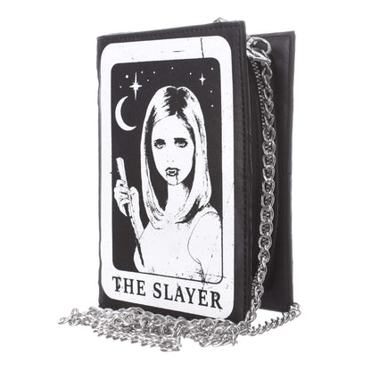 Schwarze, rechteckige Tasche THE SLAYER TAROT BAG mit Buffy-Print und Kettenriemen von Heartless