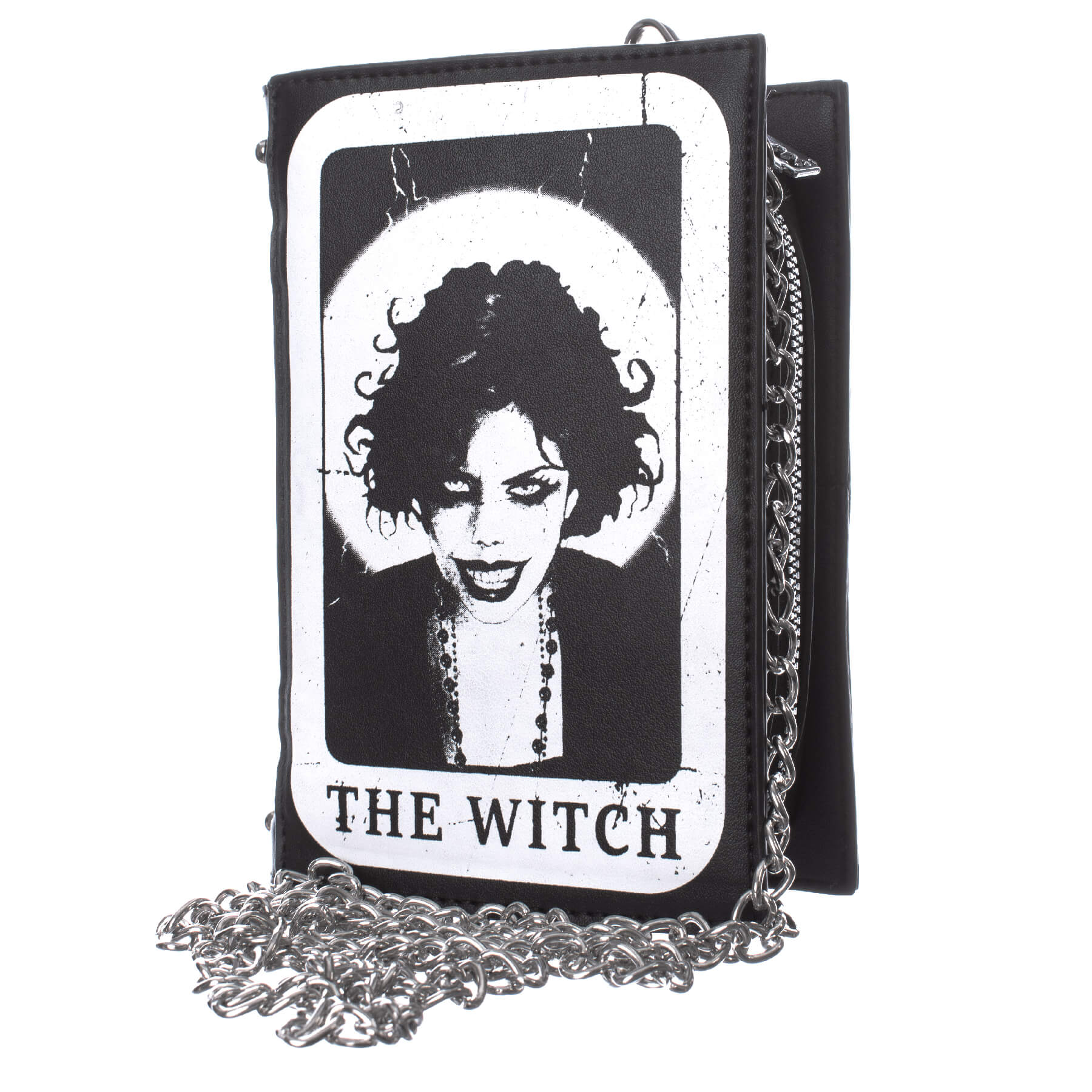 Schwarze, rechteckige Tasche WITCH TAROT BAG mit Hexenprint und Kettenriemen von Heartless