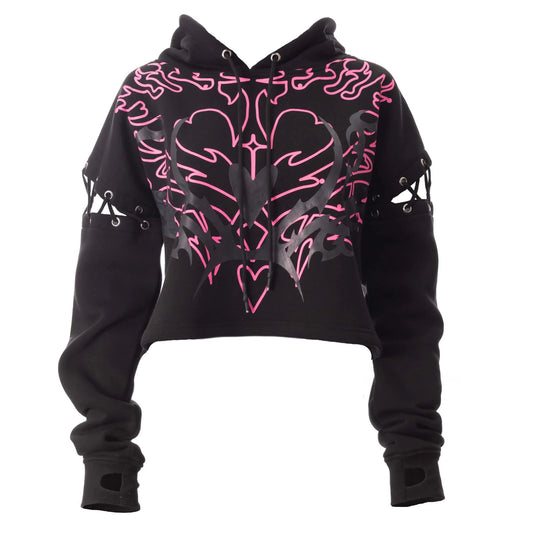 Schwarzer Kapuzenpullover THORNCHANT HOOD mit pinkem Herzprint und Cutouts an den Armen von Heartless