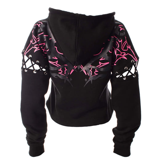 Schwarzer Kapuzenpullover THORNCHANT HOOD mit pinkem Herzprint und Cutouts an den Armen von Heartless