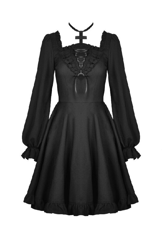 Schwarzes Kleid LACRIMARIUM DRESS mit Kreuzschnürung am Dekoltee von Dark In Love