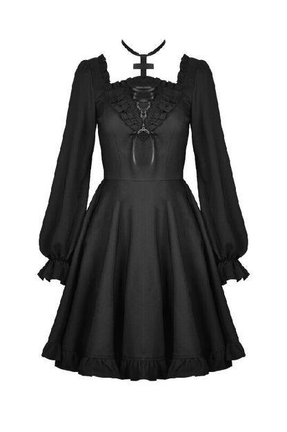 Schwarzes Kleid LACRIMARIUM DRESS mit Kreuzschnürung am Dekoltee von Dark In Love