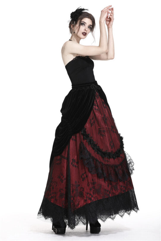 Schwarz-roter, langer Rock DIADEMA SKIRT Red aus Samt und Spitze von Dark In Love