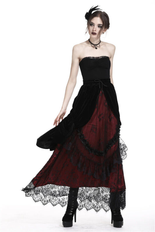 Schwarz-roter, langer Rock DIADEMA SKIRT Red aus Samt und Spitze von Dark In Love