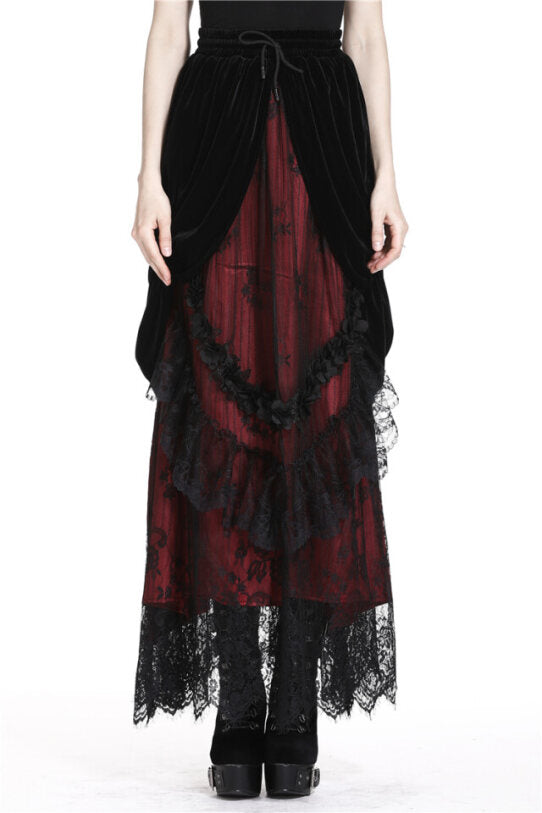 Schwarz-roter, langer Rock DIADEMA SKIRT Red aus Samt und Spitze von Dark In Love