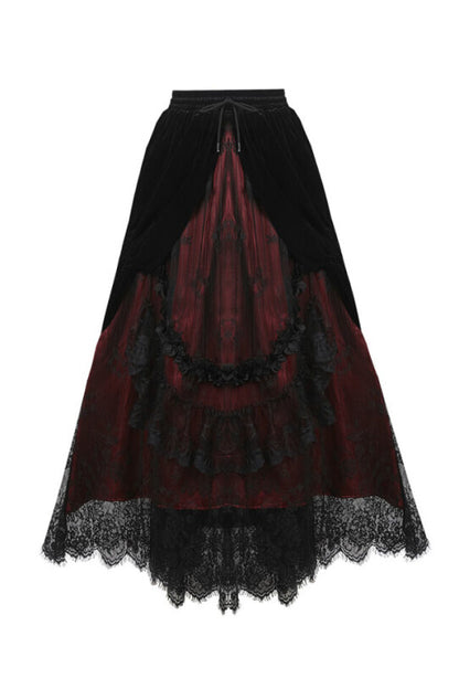 Schwarz-roter, langer Rock DIADEMA SKIRT Red aus Samt und Spitze von Dark In Love