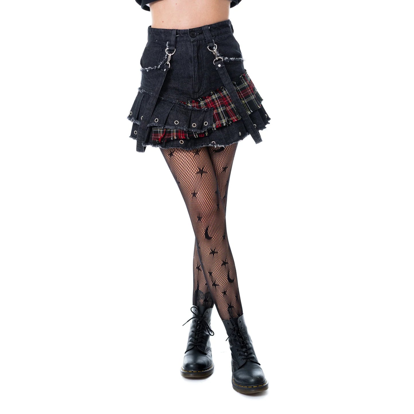 Schwarzer, kurzer Rock TIAMA SKIRT mit Tartan Elementen und Patchwork Look von Heartless