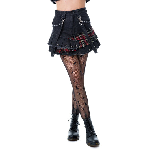Schwarzer, kurzer Rock TIAMA SKIRT mit Tartan Elementen und Patchwork Look von Heartless
