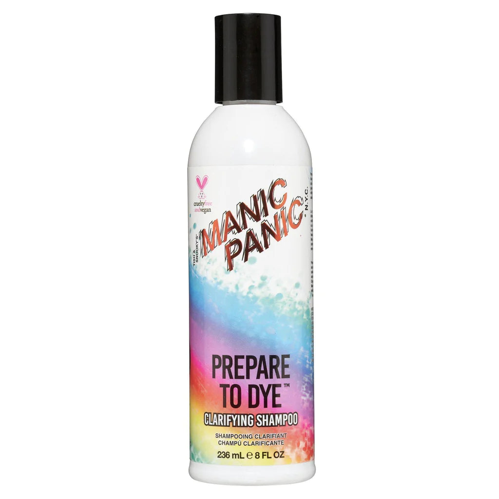 Bunte Shampooflasche mit 'Prepare To Dye - Clarifying Shampoo-Aufschrift von Manic Panic