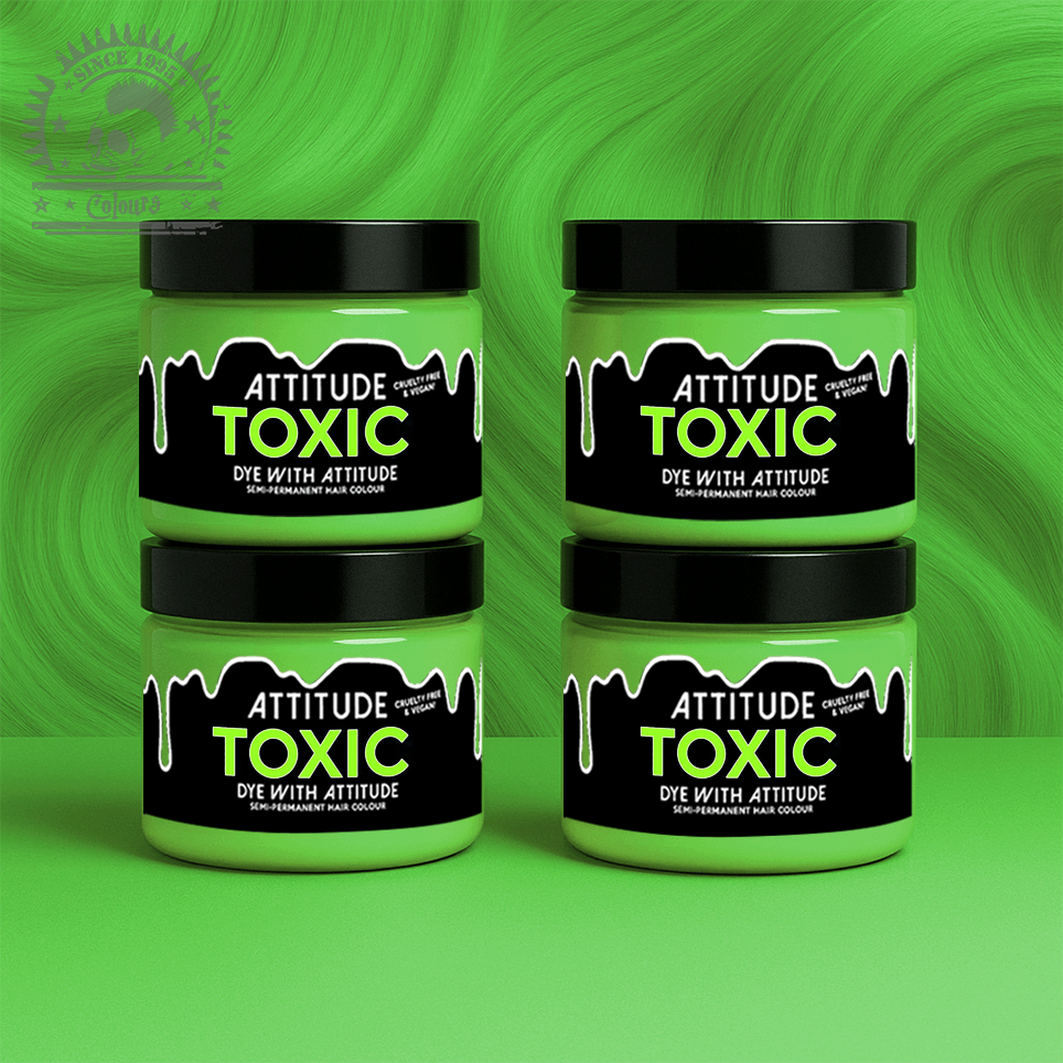 Vier semi-permanente Haartönungen 4er-Sparset TOXIC UV in dem Farbton Neongrün von Attitude