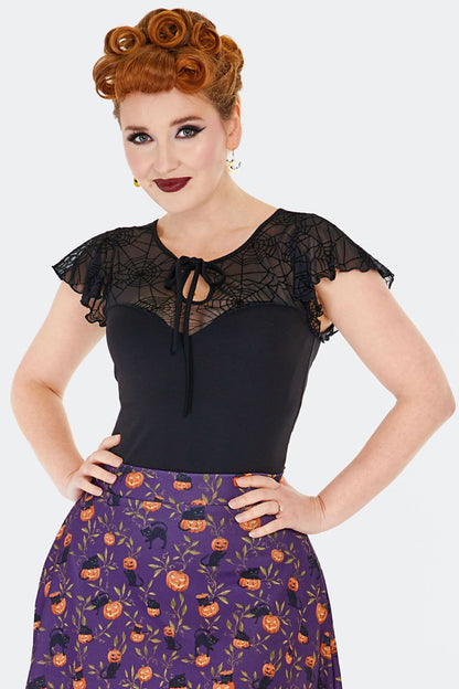 Schwarzes Oberteil Spider Web Lace Top mit Spinnennetzmuster und Mesh am Ausschnitt von Voodoo Vixen