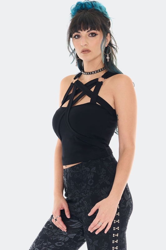 Schwarzes Oberteil Crop Top With Straps And O-rings mit Pentagrammausschnitt und O-Ringen von Jawbreaker