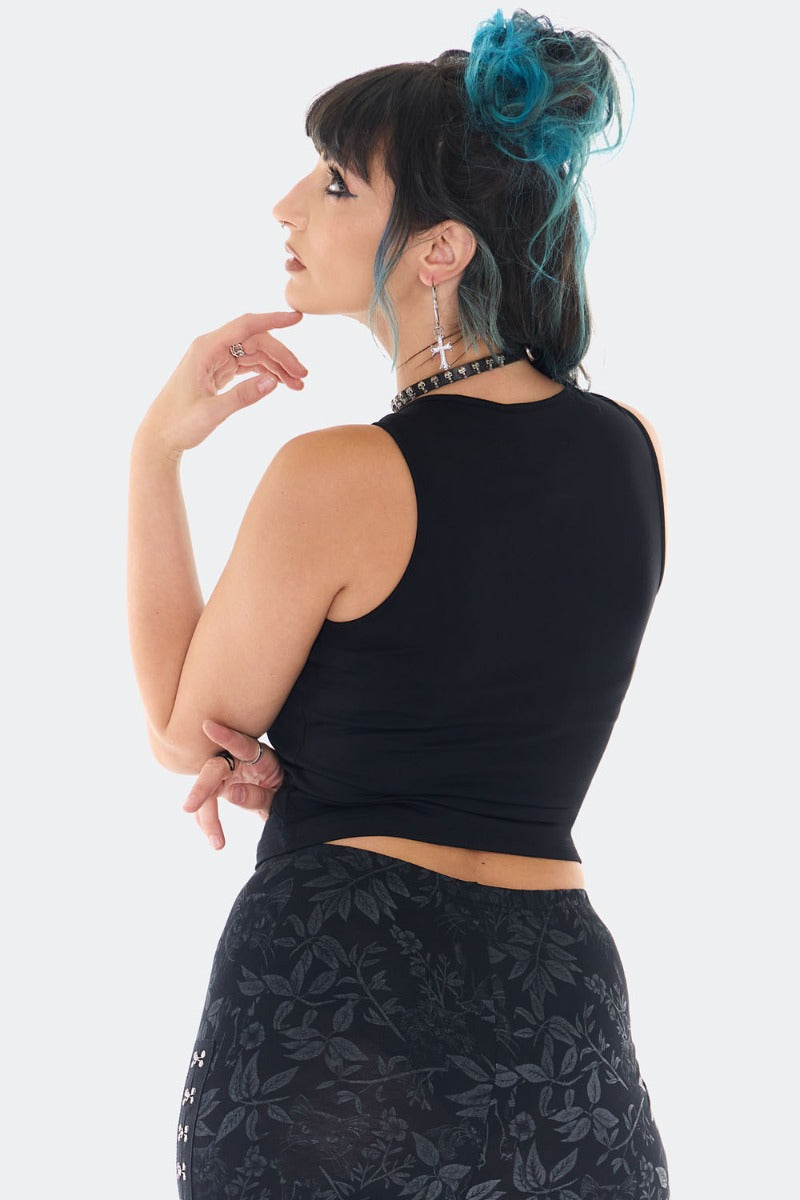 Schwarzes Oberteil Crop Top With Straps And O-rings mit Pentagrammausschnitt und O-Ringen von Jawbreaker