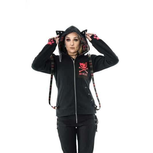 Schwarze Sweatshirtjacke TRINITY HOOD mit gestreiften Zierriemen und vielen roten Details von Bye Bye Kitty