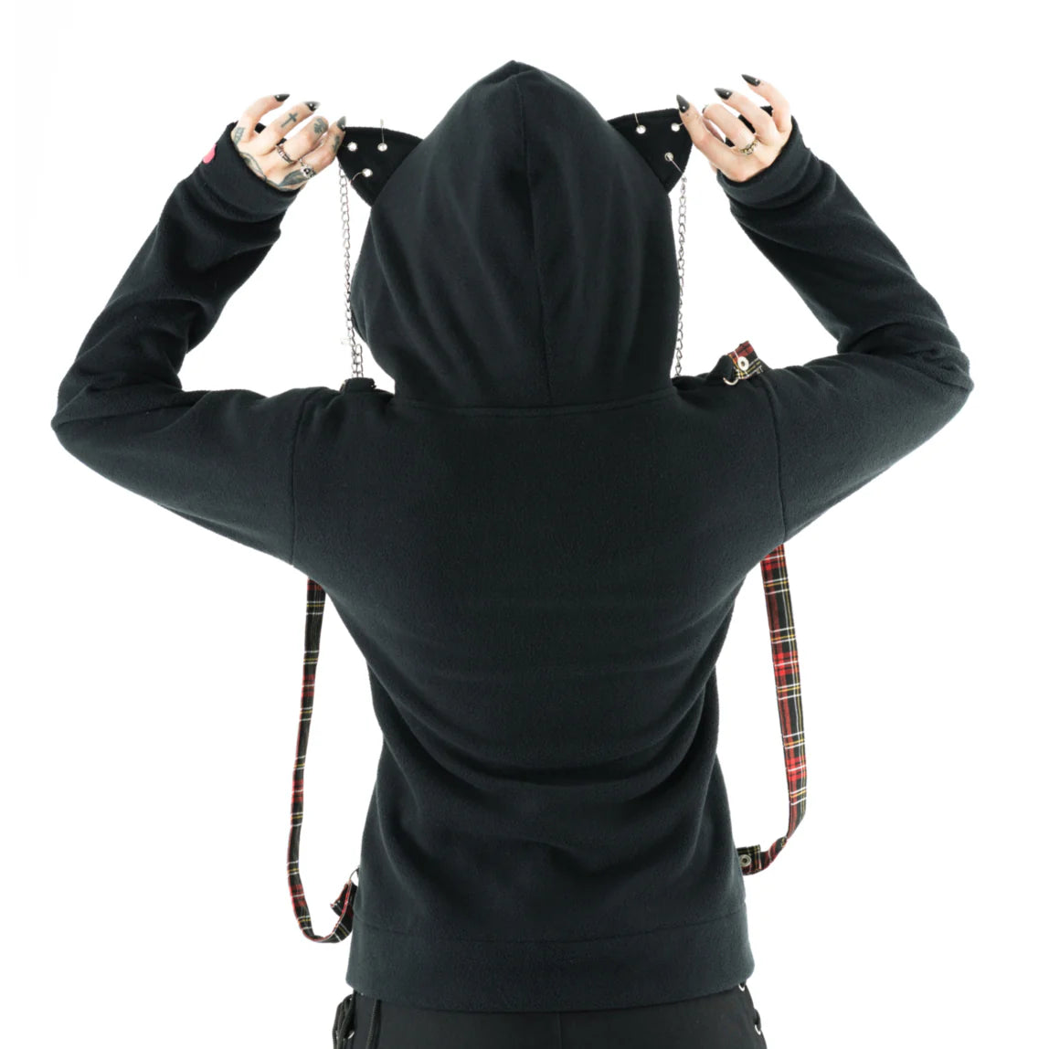 Schwarze Sweatshirtjacke TRINITY HOOD mit Tarten Innenfutter und Katzenohren an der Kapuze von Bye Bye Kitty