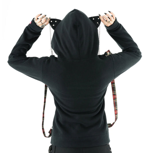 Schwarze Sweatshirtjacke TRINITY HOOD mit Tarten Innenfutter und Katzenohren an der Kapuze von Bye Bye Kitty