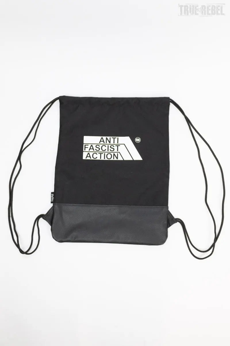 Schwarzer Turnbeutel AFA Gymbag 2.0 mit klassischem Anti Facist Action-Logo von True Rebel