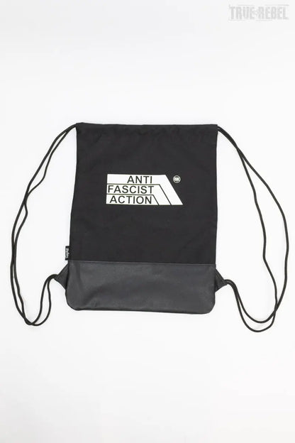 Schwarzer Turnbeutel AFA Gymbag 2.0 mit klassischem Anti Facist Action-Logo von True Rebel