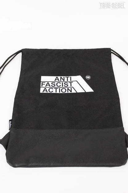 Schwarzer Turnbeutel AFA Gymbag 2.0 mit klassischem Anti Facist Action-Logo von True Rebel