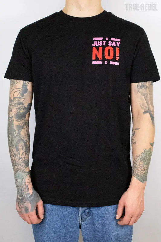 Schwarzes No Discussion T-Shirt mit kleinem Brustdruck und großem Rückendruck von True Rebel