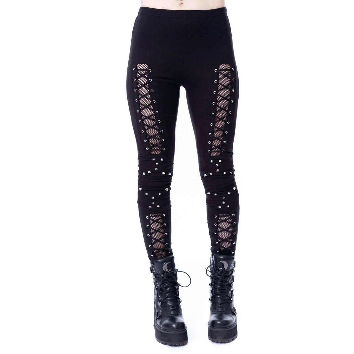 Schwarze Leggings UMBRAE LEGGINGS mit Netzeinsätzen, Zierschnürungen und Nietendetails von Vixxsin